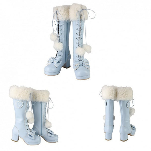 Blue in Plush Knee-Highs Mid-heel Cuff PU with FashionChic