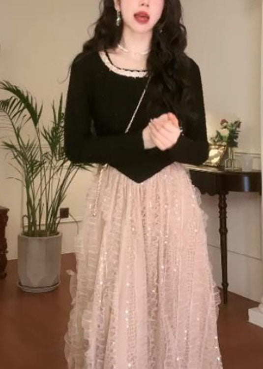 French Colorblock O Neck Patchwork Tulle Long Dress Fall QX035 shopify