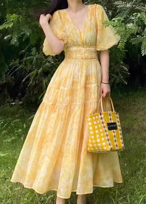 V Long Summer Print Bohemian Yellow Neck Chiffon Dress FashionChic