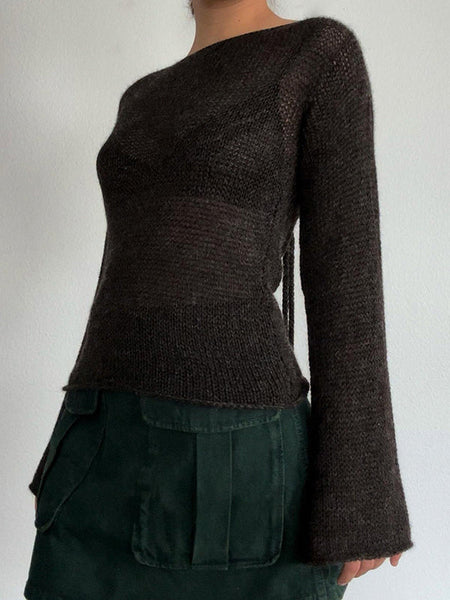 Vintage Brown Round-Neck Back Cross Hollow Lace-Up Long Bell Sleeve Sweater AN1039 Genistyle Shop