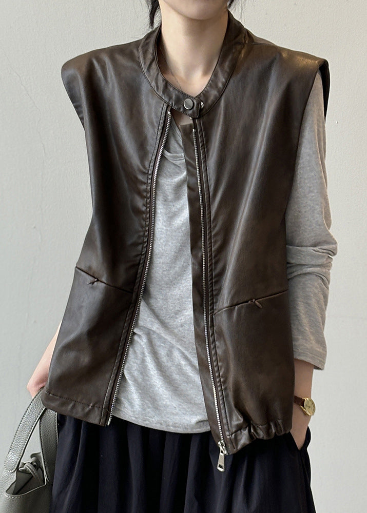 Style Coffee Zip Up Faux Leather Vest Tops Sleeveless WD014 HS-VTP241103