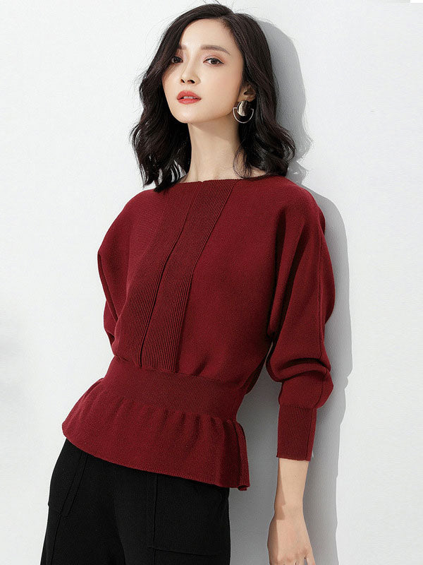 Elegant Red Boat Neck Tunic Ruffled Hem Long Sleeve Sweater AN1040 Genistyle Shop