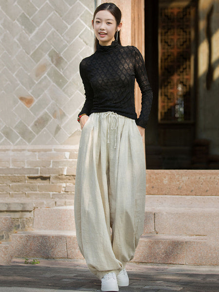 Women Autumn Vintage Solid Ramie Loose Bloomers AV1057 Genistyle Shop