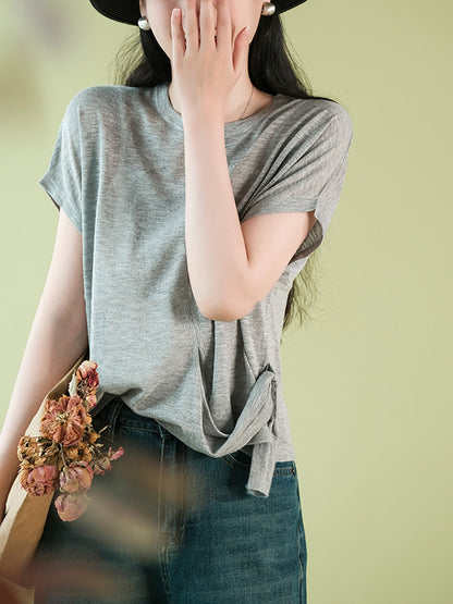 Women Summer Artsy Strap O-Neck Solid Shirt CX005 BUYKUD