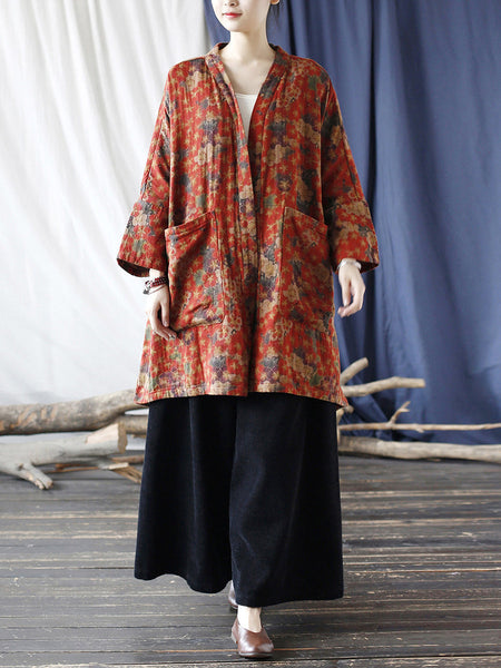 Women Ethnic Floral V-neck Pocket Cardigan Coat RR019 XIM