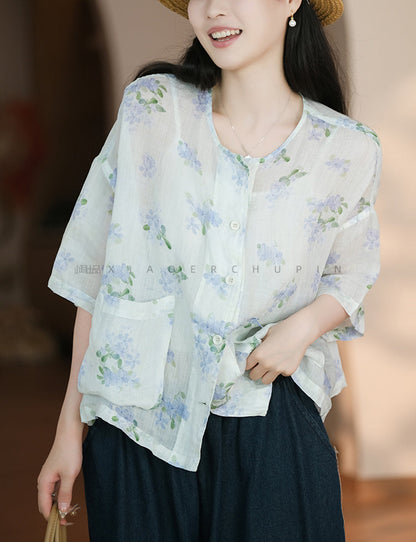 Women Summer Artsy Flower Button-up Pocket Ramie Shirt CC047 LPP