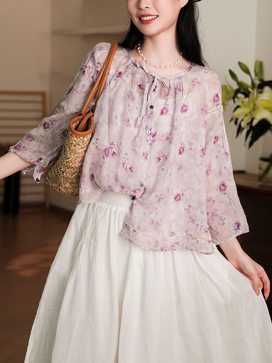 Women Summer Vintage Flower Button-Up Ramie Shirt RR1013 BUYKUD