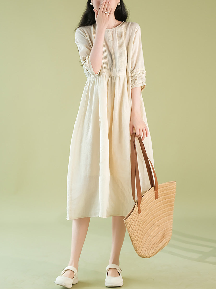 Women Summer Artsy Shirred O-Neck Lacework Ramie Dress CX030 YQMM