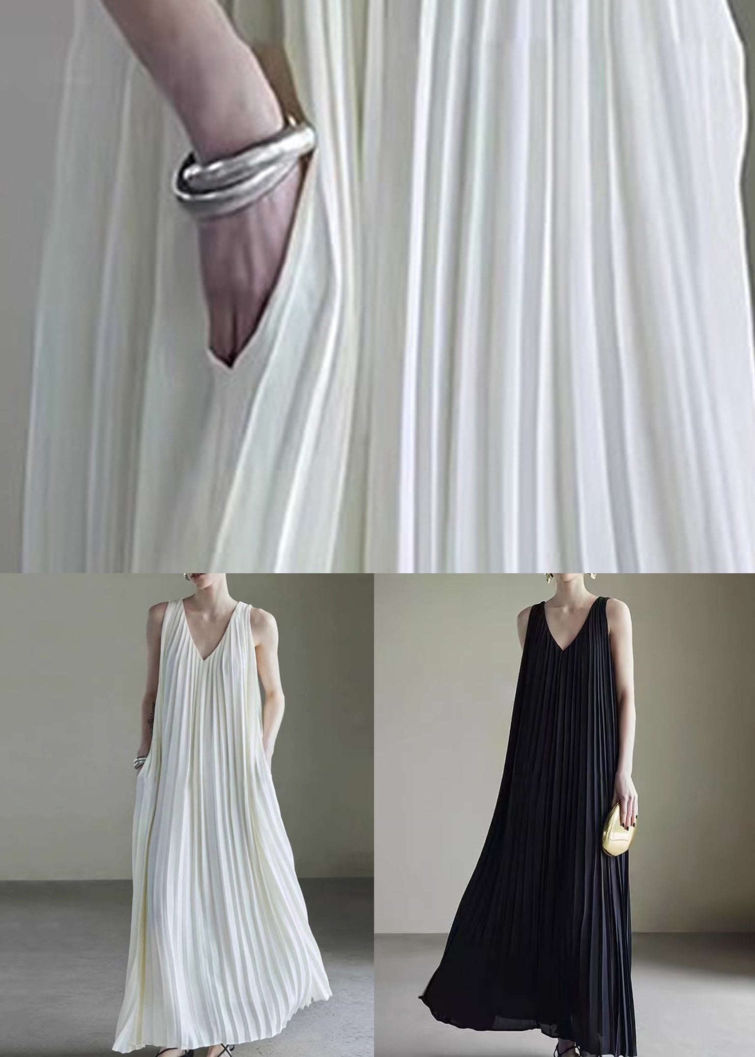 Wrinkled Long Dress Simple Neck V White Sleeveless Chiffon FashionChic