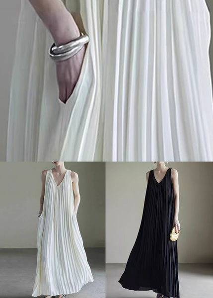 Wrinkled Long Dress Simple Neck V White Sleeveless Chiffon FashionChic