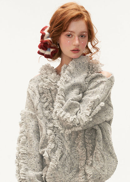 Women Blue Cold Shoulder Tassel Thick Cotton Knit Sweaters Winter QX003 shopify