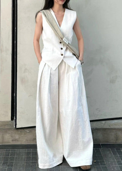 Vogue White V Neck Button Linen Waistcoat And Wide Leg Pants Two Piece Set Summer AN1030 Genistyle Shop