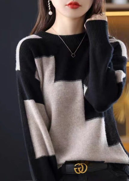 Natural White O-Neck Patchwork Thick Cashmere Knit Sweater Fall QP024 OL-NTP241001