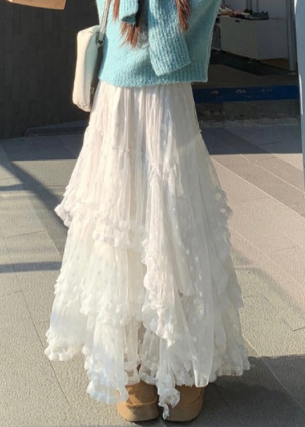White Skirts French Ruffled High Lace Waist Spring FashionChic