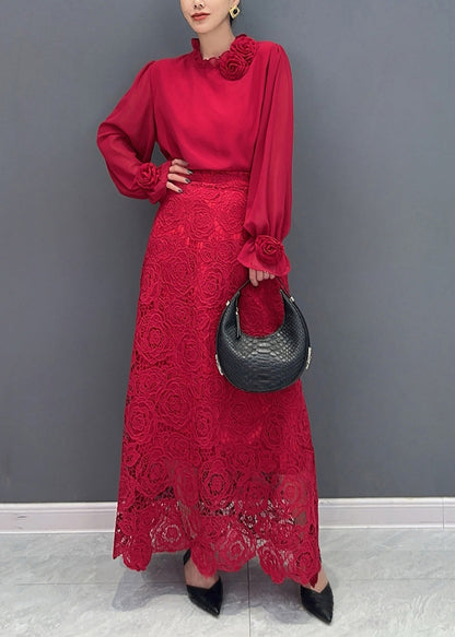 Fine Red Rose Lace Shirts And Maxi Skirts Two Pieces Set Fall AO1033 JDML-TPIEC240909