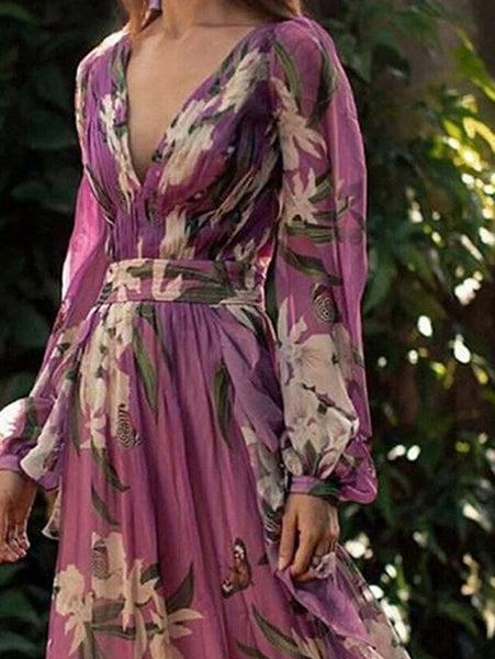 Floral Maxi V Pattern Neck Elegant Dress Butterfly FashionChic