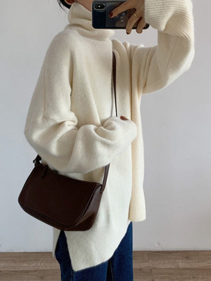 Simple Blue High Neck Split-Side Long Sleeve Sweater QX013 shopify