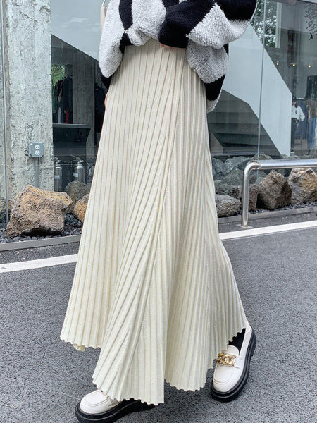 Brief Khaki High Waisted Pleated Striped A-Line Knit Skirt TW006 ABC