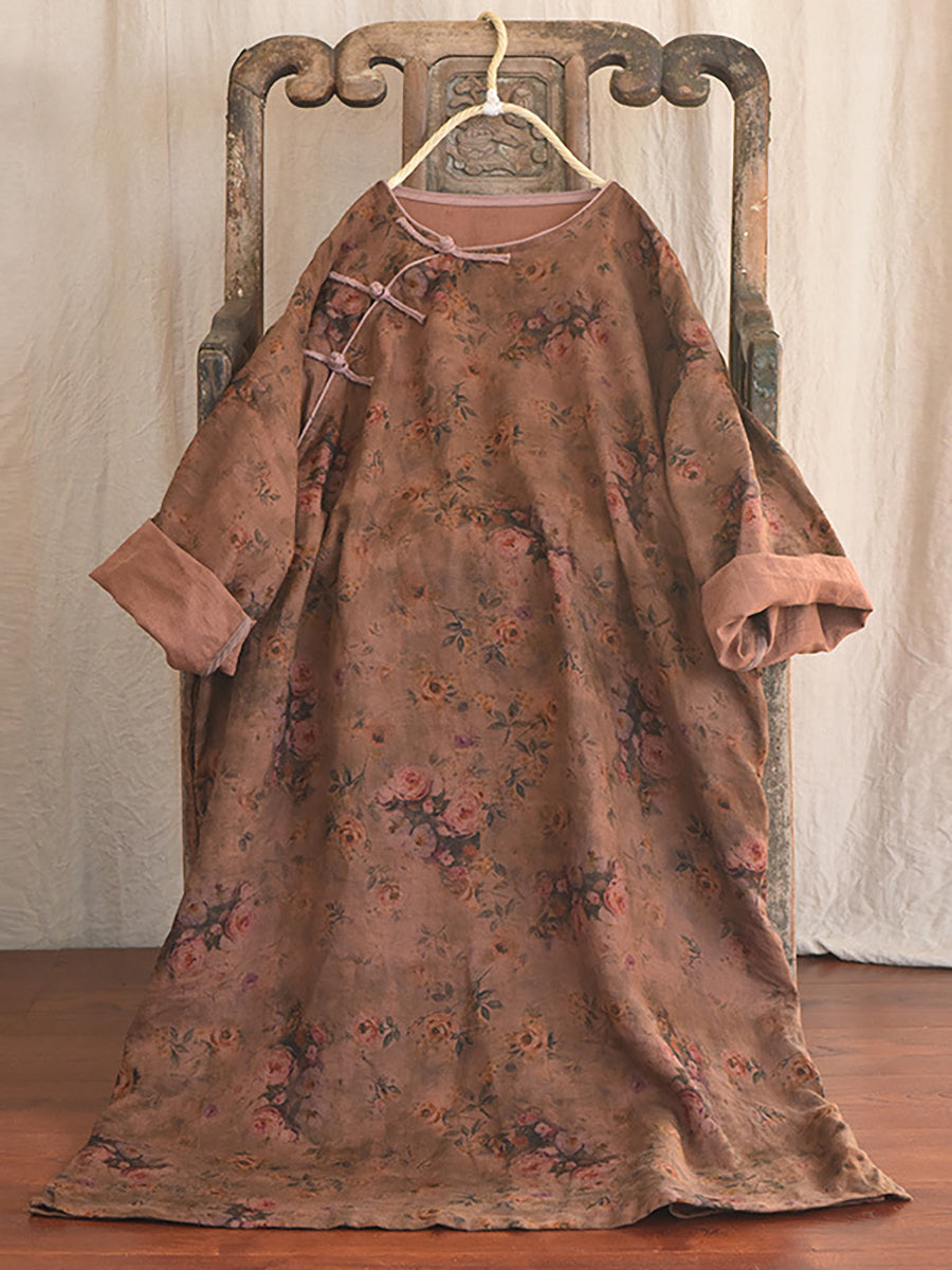 Plus Size Floral Autumn Vintage Linen Women Loose Dress AI1082 QYMM