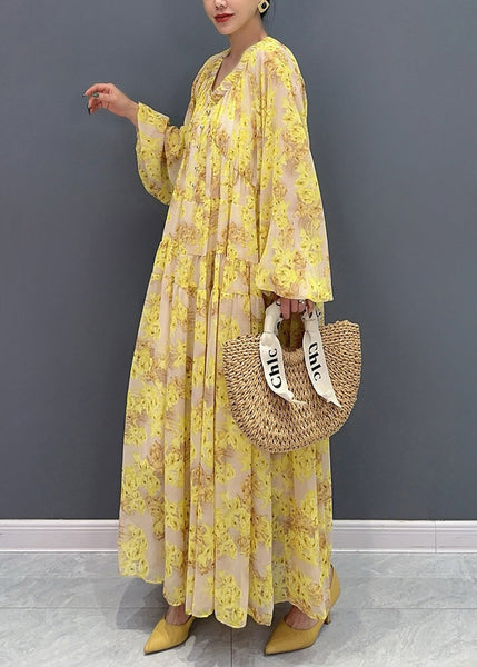 Plus Size Yellow V Neck Ruffled Print Chiffon Long Dresses Fall AO1069 JDML-FDL240909