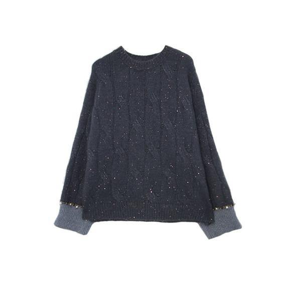 Chic Grey O-neck Sequins Long Sleeve with Beaded Knit Sweater TW022 ABC