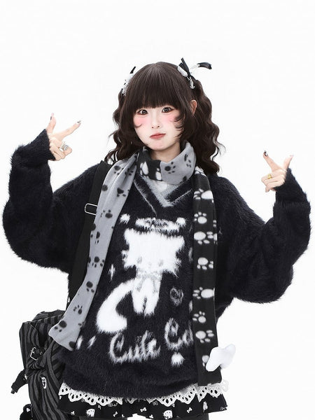 Pink/Black Daily with Cat Letter Kawaii V-neck in Sweater Pattern FashionChic