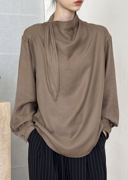 Coffee Solid Cotton Shirt Asymmetrical Fall AF1002 HS-LTP240914