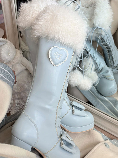 Blue in Plush Knee-Highs Mid-heel Cuff PU with FashionChic