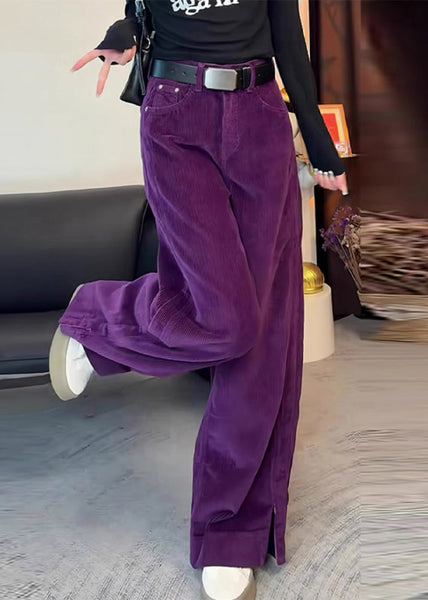 Corduroy High Simple Waist Side Purple Straight Spring Pants Open FashionChic