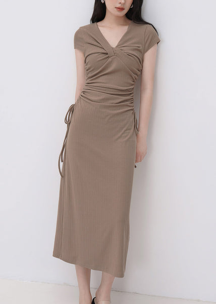 Classy Black V Neck Cinched Maxi Dresses Short Sleeve EE033 shopify