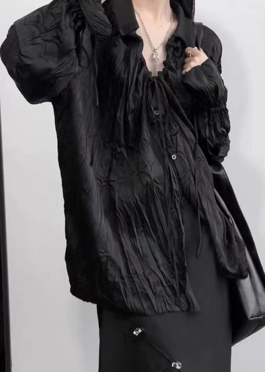 Simple Black Peter Pan Collar Cinched Button UPF 50+ Shirt Long Sleeve EE018 shopify