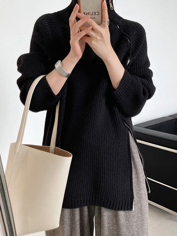 Urban Grey Halter-Neck Split-Side Zip-up Long Sleeve Sweater AN1033 Genistyle Shop