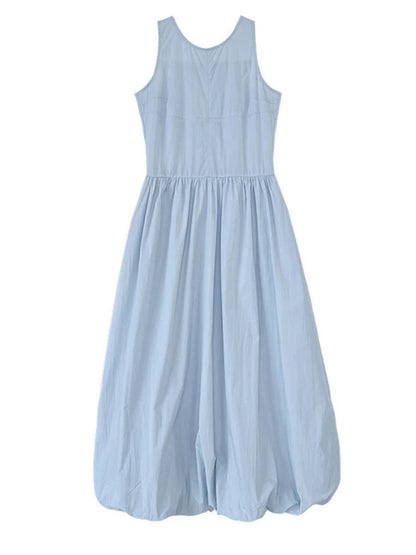 Patchwork O-neck Dress Simple Sleeveless Blue Puff Hem FashionChic