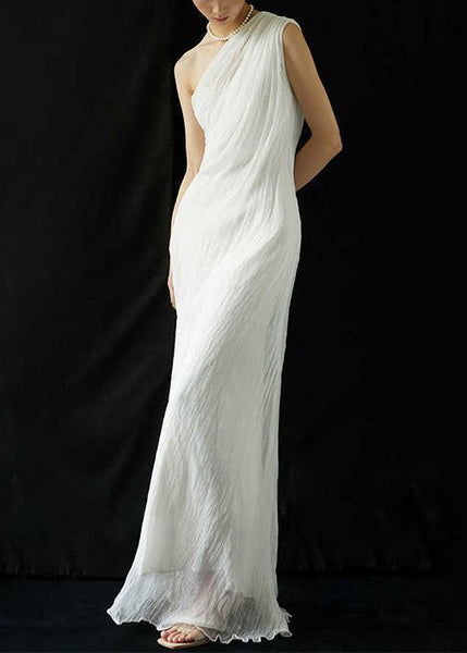 Wrinkled Solid Shoulder Dress Silk Cold Maxi Summer Art White FashionChic