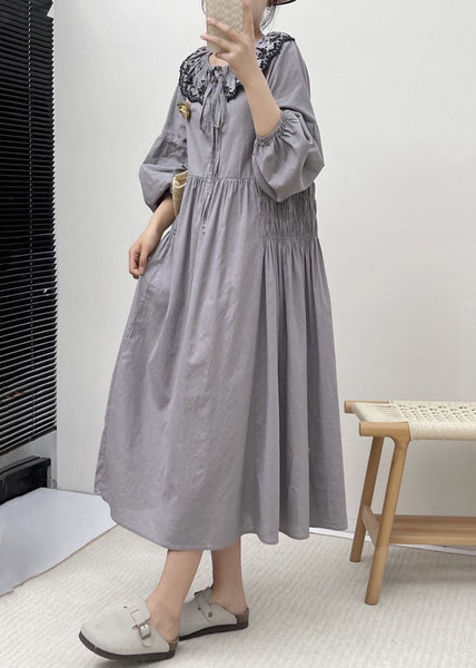 Grey Button Wrinkled Cotton Dresses Embroidered Long Sleeve NN004 shopify