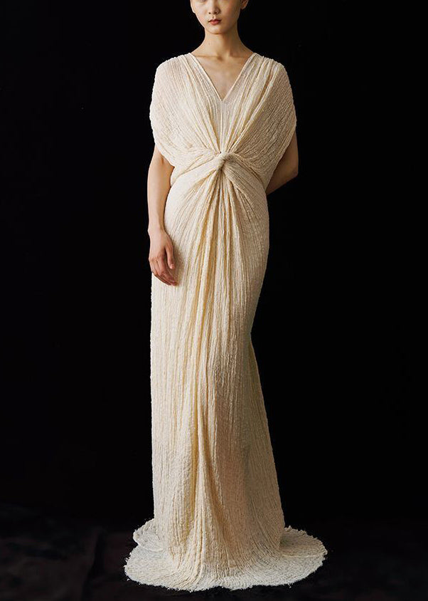 Up Italian Summer Dress Neck Lace Wrinkled Ankle V FashionChic