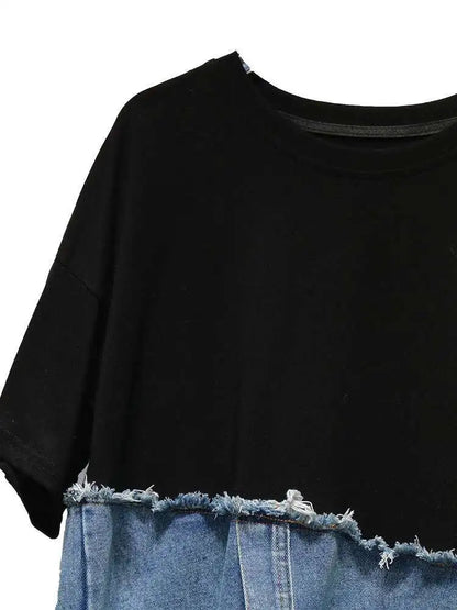 Denim Street Patchwork Sleeve White Short T-Shirt O-neck Hem FashionChic