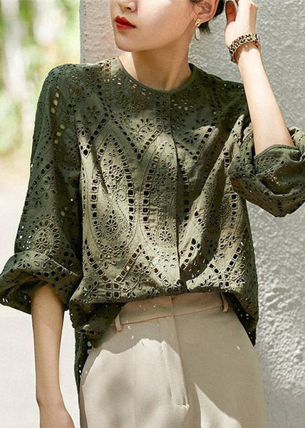 Khaki Out Hollow Blouses Women Sleeve O Light Cotton Long Neck FashionChic