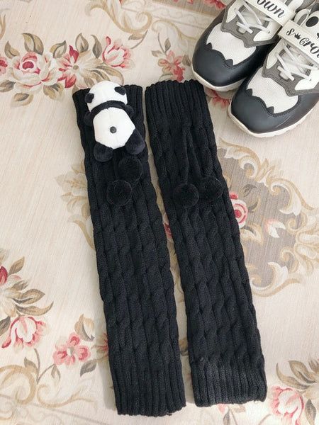 Decorated Cable Leg Warmers Black Pom-Pom Panda White Creamy Brooch + Knit Set / FashionChic