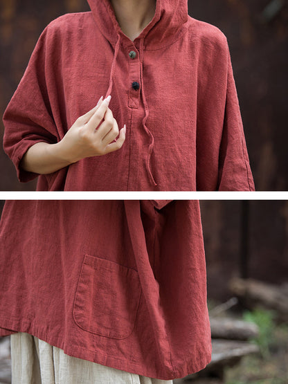 Women Summer Retro Solid Loose Hooded Ramie Shirt CC045 BXF