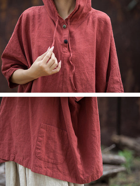 Women Summer Retro Solid Loose Hooded Ramie Shirt CC045 BXF