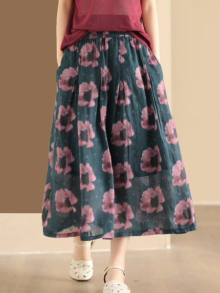 Women Artsy Summer Flower Ramie A-shape Skirt CO1025 Ada Fashion