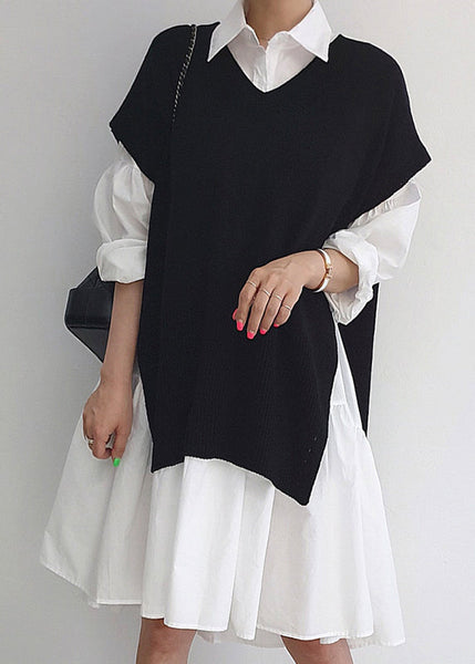 Knit Dresses Stylish Pieces Shirt Set Side Two Open And Vests FashionChic