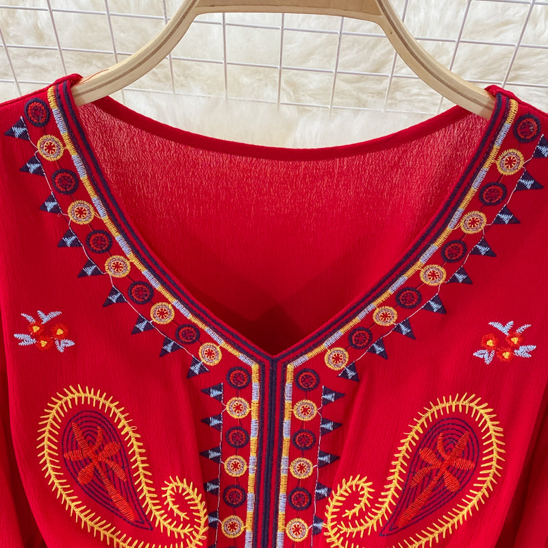 Vintage Green V-neck Tie Waist Flower Embroidery Three-quarter Sleeve A-line Dress AR1022 shopify