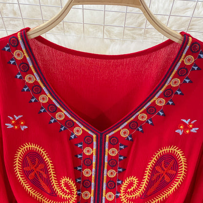 Vintage Green V-neck Tie Waist Flower Embroidery Three-quarter Sleeve A-line Dress AR1022 shopify