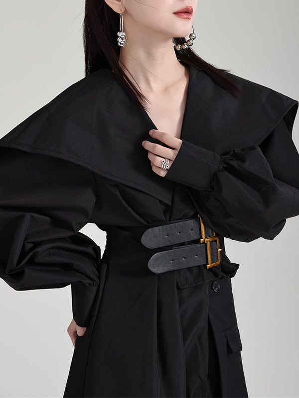 Pleated Black Asymmetric Lapel Waisted Long High Modern Belted FashionChic