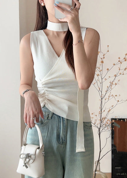 Handmade Black V Neck Wrinkled Scarf Knit Vest Summer AN1029 Genistyle Shop