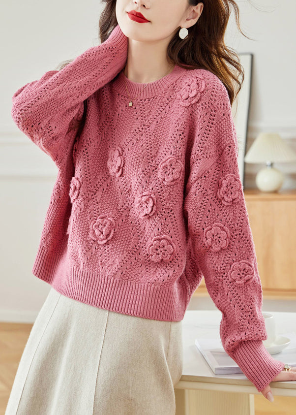 Floral Pink Hollow Out Solid Knit Sweaters Fall QC033 shopify