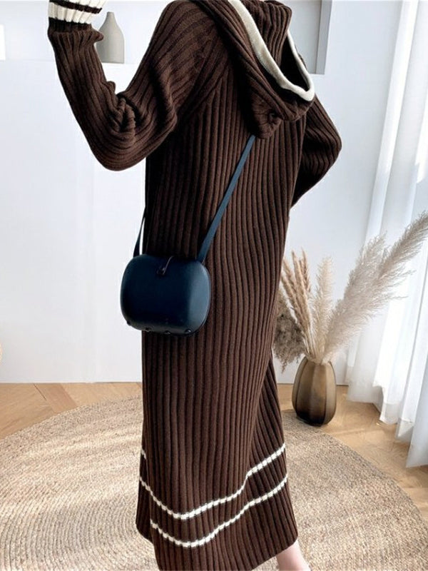 Urban Coffee Hooded V-Neck Long Sleeve Striped Knit Dress AN1051 Genistyle Shop