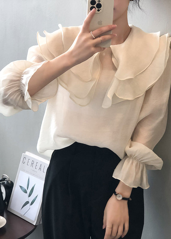 White Patchwork Thin Cotton Shirt Ruffled Long Sleeve AF1028 HS-LTP240914